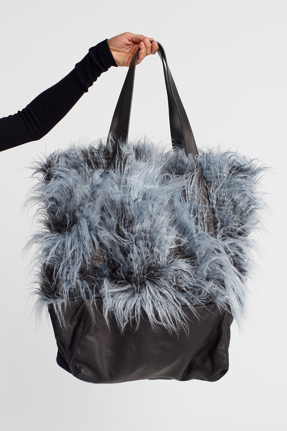 Off White/Black Faux Fur & Leather Shoulder Bag-K258018014