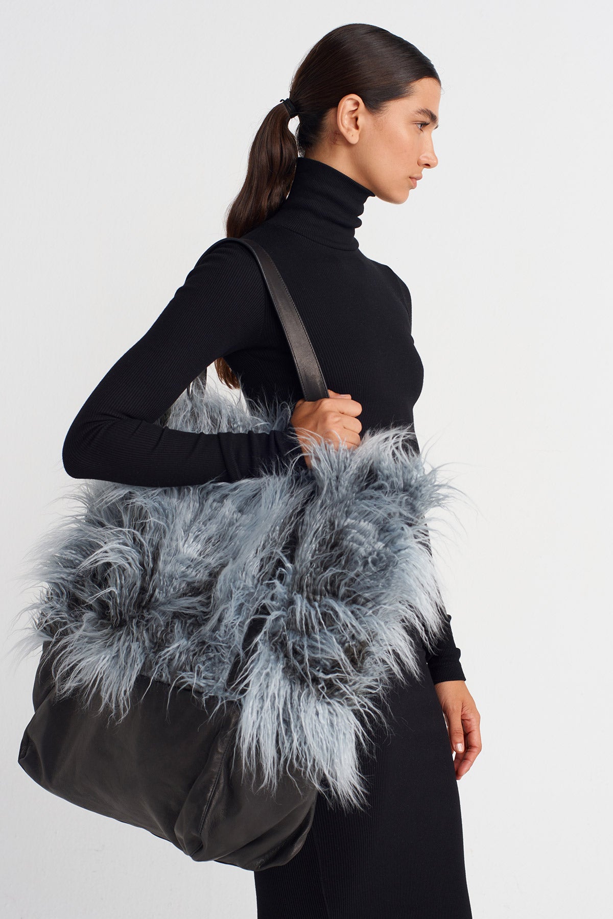 Off White/Black Faux Fur & Leather Shoulder Bag-K258018014