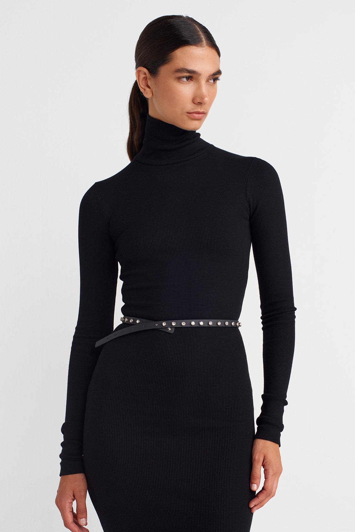 Black Crystal-Studded Slim Leather Belt-K258018021