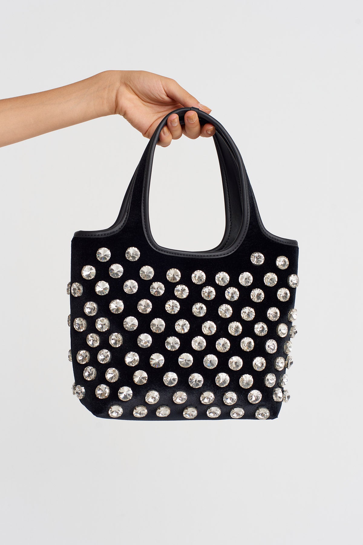 Black Velvet Handbag with Stone Embroidery-K258018024