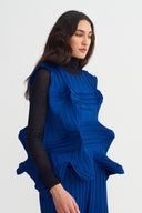 Sea Blue Geometric Sculpted Pleated Top-K261011007