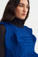Sea Blue Geometric Sculpted Pleated Top-K261011007