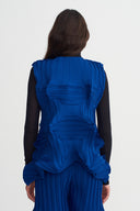 Sea Blue Geometric Sculpted Pleated Top-K261011007