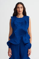 Sea Blue Geometric Sculpted Pleated Top-K261011007