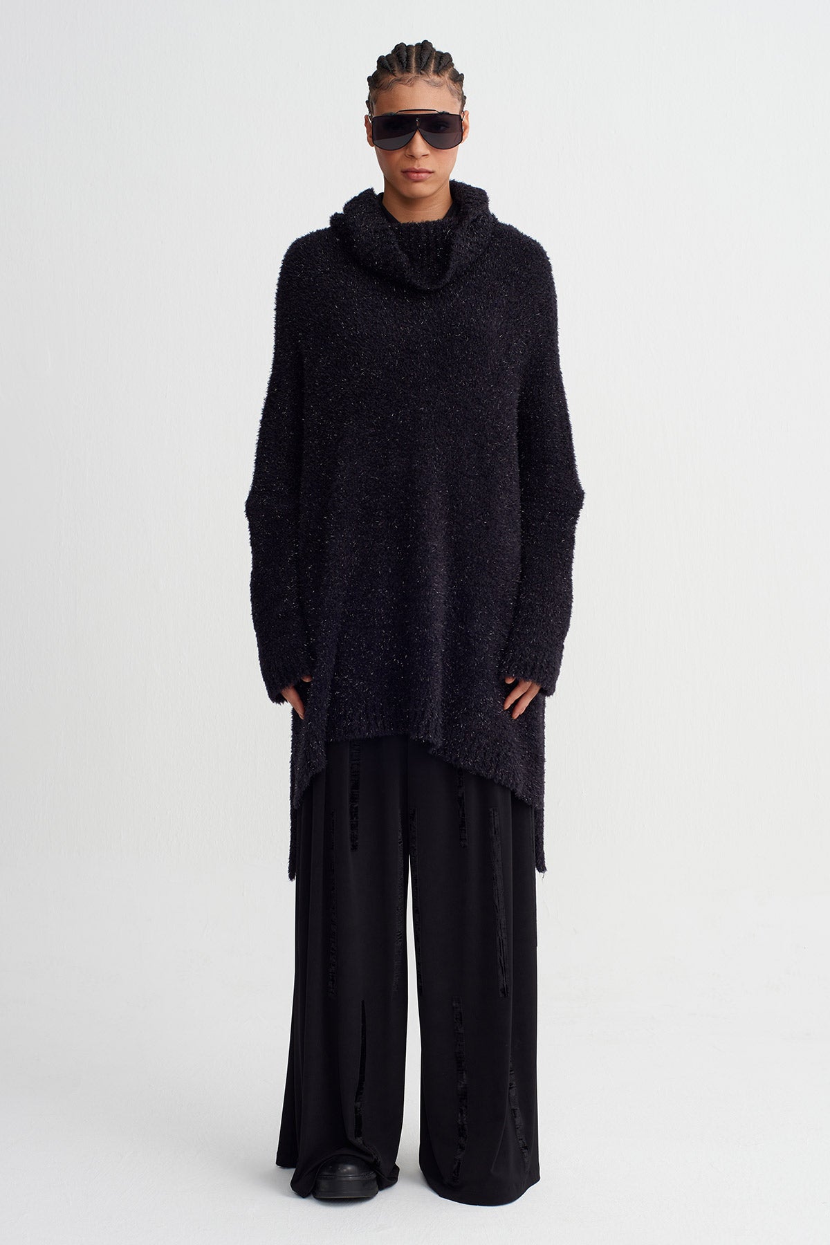Black Oversized Knit Sweater with Drape Collar-K261011024 – NU London