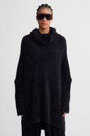 Black Oversized Knit Sweater with Drape Collar-K261011024