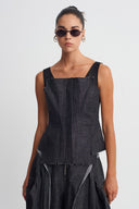Black Tulle Shoulder Corset Top-K261011027