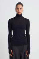 Black Sheer Tulle Turtleneck Top-K261011029