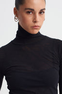 Black Sheer Tulle Turtleneck Top-K261011029