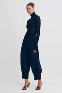 Petrol Blue Sheer Tulle Turtleneck Top-K261011029