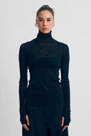 Petrol Blue Sheer Tulle Turtleneck Top-K261011029