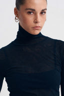 Petrol Blue Sheer Tulle Turtleneck Top-K261011029
