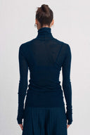 Petrol Blue Sheer Tulle Turtleneck Top-K261011029