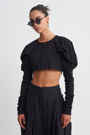 Black Cropped Blouse with Sculptural Shoulders-K261011037