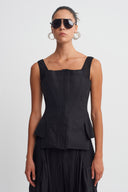 Black Crepe Linen Blouse with Sheer Shoulder Details-K261011038