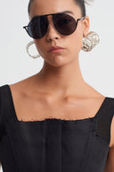 Black Crepe Linen Blouse with Sheer Shoulder Details-K261011038