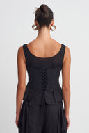 Black Crepe Linen Blouse with Sheer Shoulder Details-K261011038