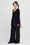 Black V-Neck Jersey Blouse with Organza Detail-K261011097