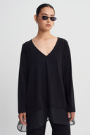 Black V-Neck Jersey Blouse with Organza Detail-K261011097
