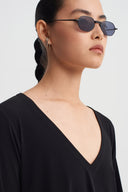 Black V-Neck Jersey Blouse with Organza Detail-K261011097