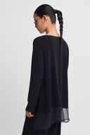 Black V-Neck Jersey Blouse with Organza Detail-K261011097