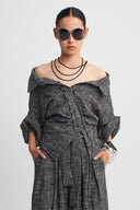 Black/White Wool-Blend Draped Cropped Shirt-K261011105