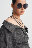 Black/White Wool-Blend Draped Cropped Shirt-K261011105