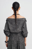 Black/White Wool-Blend Draped Cropped Shirt-K261011105