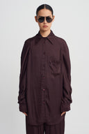 Burgundy Draped Satin Shirt-K261011115