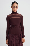 Burgundy High Neck Mesh Detail Bodysuit-K261011117
