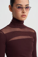 Burgundy High Neck Mesh Detail Bodysuit-K261011117