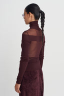 Burgundy High Neck Mesh Detail Bodysuit-K261011117