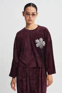 Burgundy Brooch Detail Velvet T-Shirt-K261011118