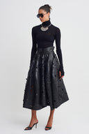 Black Laser-Cut Faux Leather Midi Skirt-K262012007
