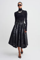 Black Laser-Cut Faux Leather Midi Skirt-K262012007
