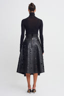 Black Laser-Cut Faux Leather Midi Skirt-K262012007