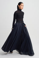 Night Blue Button-Front Silk Skirt-K262012028