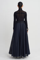 Night Blue Button-Front Silk Skirt-K262012028
