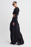 Black Wide-Leg Linen Trousers with Pleated Details-K263013016