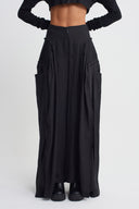 Black Wide-Leg Linen Trousers with Pleated Details-K263013016