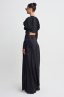 Black Wide-Leg Linen Trousers with Pleated Details-K263013016