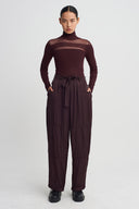 Burgundy Belted Satin Trousers-K263013073