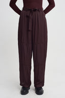 Burgundy Belted Satin Trousers-K263013073