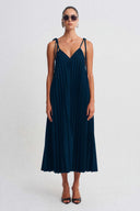 Petrol Blue Pleated Strappy Midi Dress-K264014013