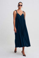 Petrol Blue Pleated Strappy Midi Dress-K264014013