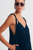Petrol Blue Pleated Strappy Midi Dress-K264014013