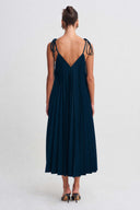 Petrol Blue Pleated Strappy Midi Dress-K264014013