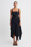 Black Asymmetric Layered Dress with Guipure Details-K264014014