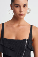 Black Asymmetric Layered Dress with Guipure Details-K264014014