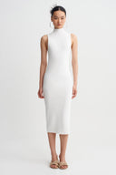 Off White Sleeveless Mock-Neck Rib-Knit Dress-K264014038